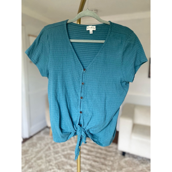 Wonderly Teal Blouse Tie Button Front Soft Resort Summer Vaca Wedding Event Boho - Picture 2 of 6